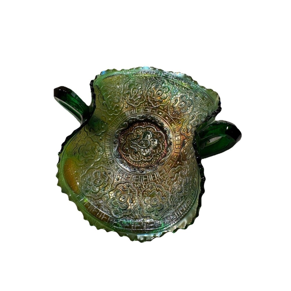 Fenton Persian Medallion Green Carnival‎ Glass Basket Iridescent Sawtooth Rim